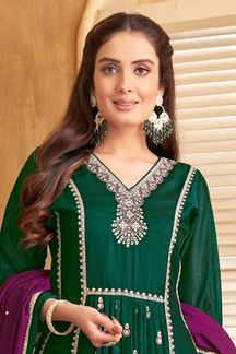 Picture of ImpressiveDark Green Silk Designer Anarkali Suit for Mehendi, Festivals, and Party