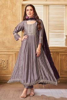 Picture of GorgeousMauve Silk Designer Anarkali Suit for Festivals, and Party