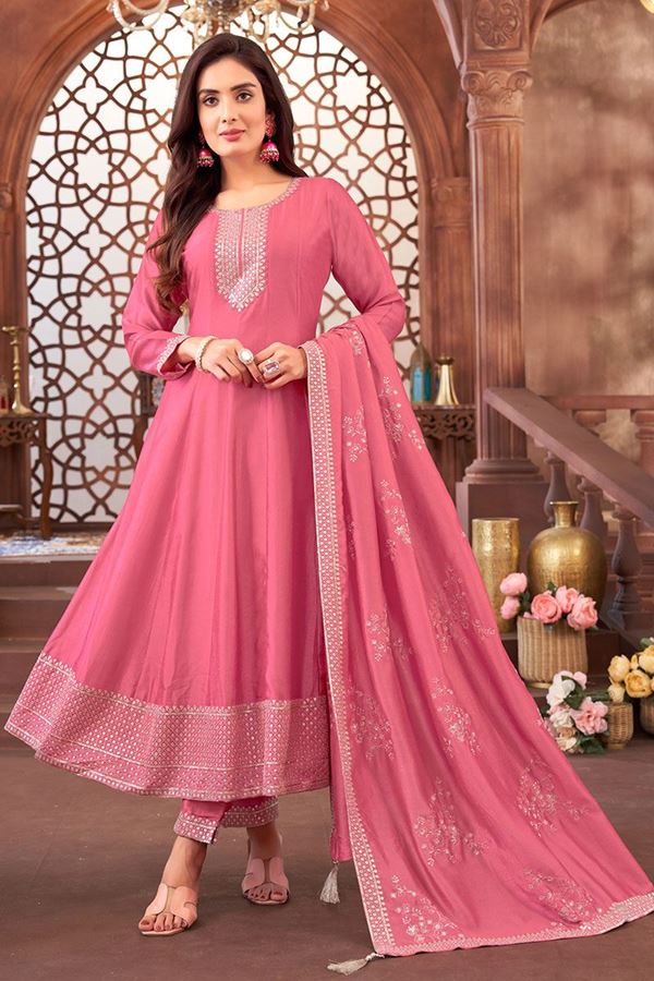 Picture of AttractivePink Silk Designer Anarkali Suit for Engagement, Sangeet, Festivals, and Party