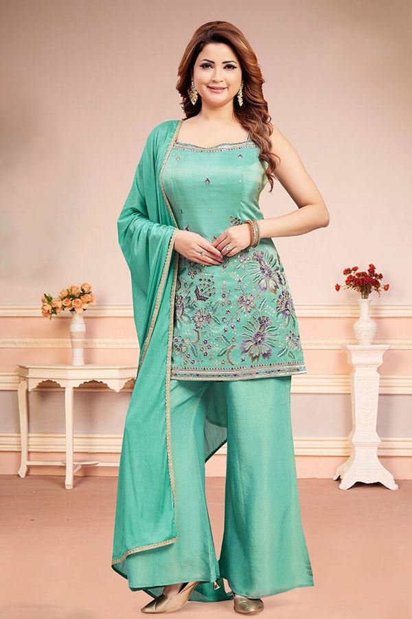 Picture of Impressive Turquoise Designer Palazzo Suit for Party and Festivals