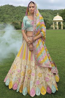 Picture of Impressive Cream and Sky Blue Designer Wedding Lehenga Choli for Engagement and Reception