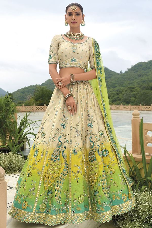 Picture of Flawless Shaded Cream and Green Designer Wedding Lehenga Choli for Engagement and Reception