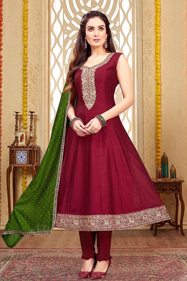 Picture of CharmingMaroon Silk Designer Anarkali Suit for Engagement, Reception, Festivals, and Party