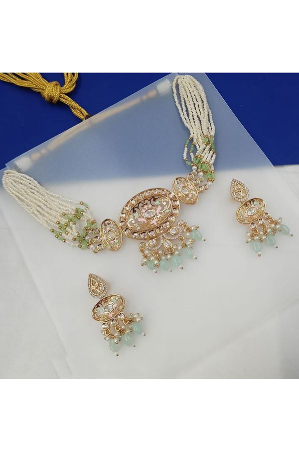 Picture of Ethnic Pista Green and Sky Blue Designer Choker Set for Engagement, Reception, Sangeet, and Festivals