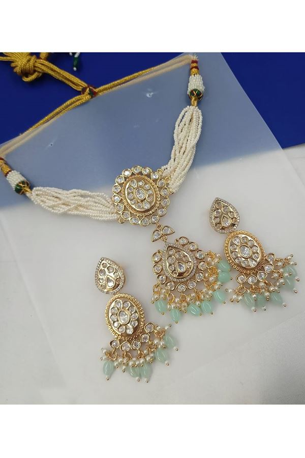 Picture of Outstanding White and Sky Blue Designer Choker Set for Engagement, Reception, Sangeet, and Festivals