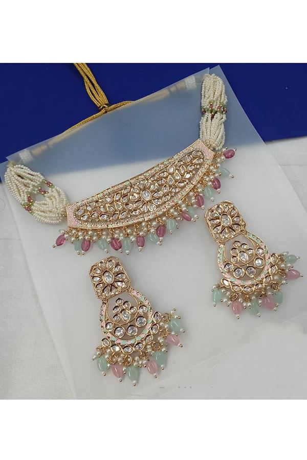 Picture of Flamboyant Pink and Sky Blue Designer Choker Set for Engagement, Reception, Sangeet, and Festivals