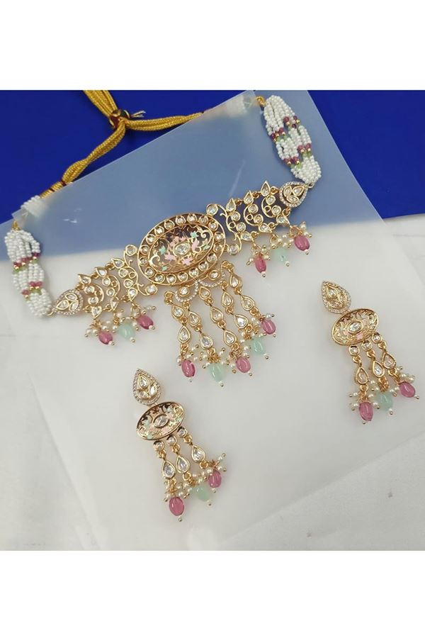 Picture of Enticing Pink and Sky Blue Designer Choker Set for Engagement, Reception, Sangeet, and Festivals