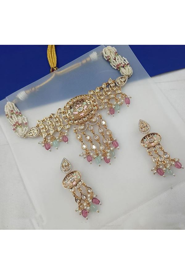 Picture of Stunning Pink and Sky Blue Designer Choker Set for Engagement, Reception, Sangeet, and Festivals