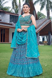 Picture of SpectacularSky Blue Designer Indo-Western Lehenga Choli for Engagement, Reception, Festivals, and Party