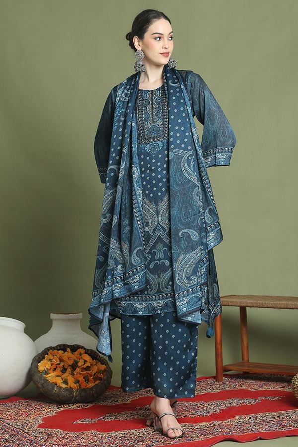 Picture of AttractiveNavy Blue Designer Straight Cut Suit for Party, Sangeet, and Festivals