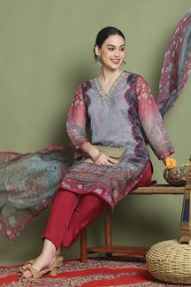 Picture of MagnificentGrey Designer Straight Cut Suit for Party, Sangeet, and Festivals(Unstitched suit)