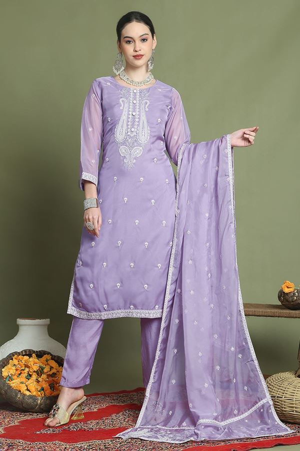 Picture of HeavenlyPurple Designer Straight Cut Suit for Party, Sangeet, and Festivals(Unstitched suit)