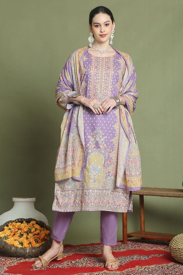 Picture of Gorgeous Purple Designer Straight Cut Suit for Party, Sangeet, and Festivals(Unstitched suit)