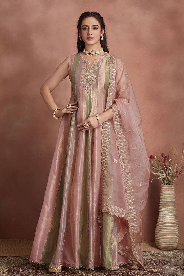 Picture of Flawless Pink and Pista Green Dola Silk Designer Anarkali Suit for Engagement and Reception