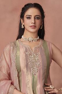 Picture of Flawless Pink and Pista Green Dola Silk Designer Anarkali Suit for Engagement and Reception