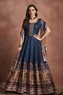 Picture of Spectacular Blue and Multi Silk Designer Anarkali Suit for Engagement, Wedding, and Reception