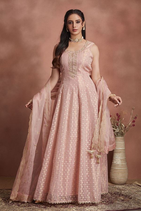 Picture of Outstanding Peach Silk Designer Anarkali Suit for Engagementand Reception