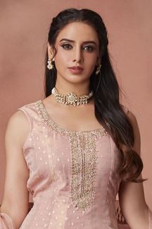 Picture of Outstanding Peach Silk Designer Anarkali Suit for Engagementand Reception