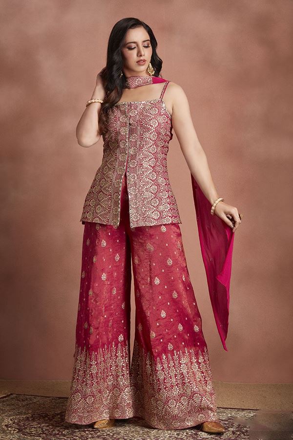 Picture of Fascinating Peach Silk Designer Palazzo Suit for Engagement, Wedding, and Reception