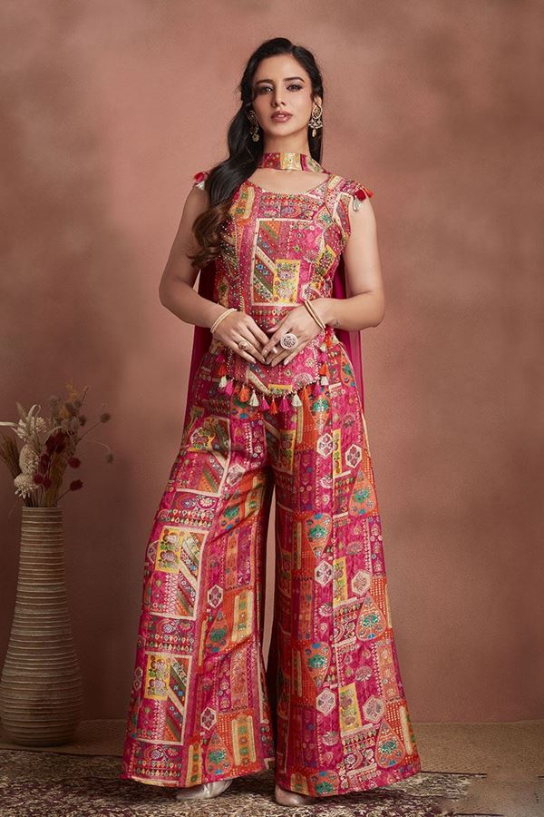 Picture of DazzlingMulti Silk Designer Palazzo Suit for Party and Sangeet