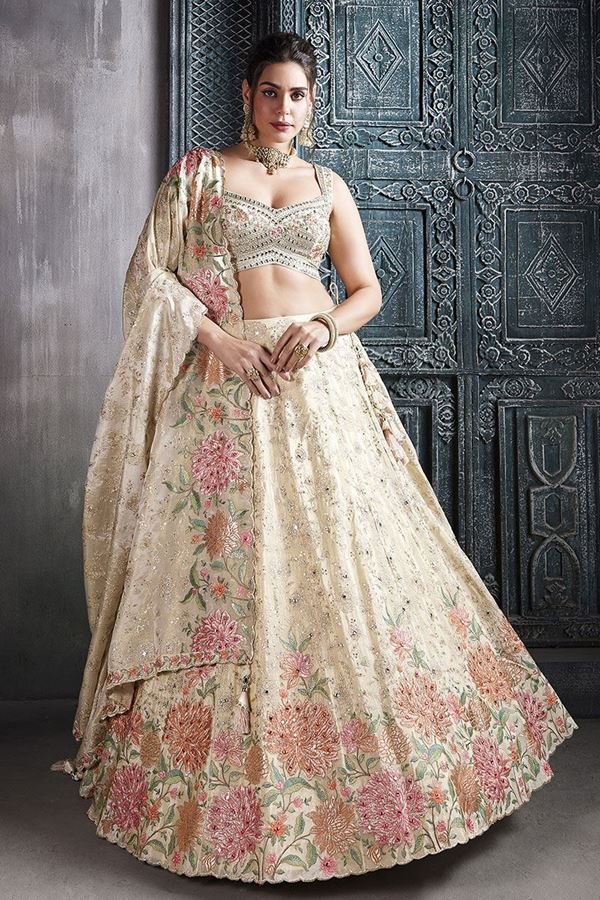 Picture of Heavenly Cream Designer Indo-Western Lehenga Choli for Engagement and Reception