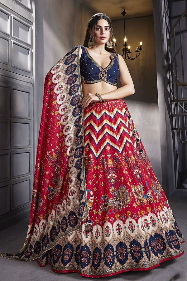 Picture of BeautifulRed and Dark Blue Designer Indo-Western Lehenga Choli for Engagement, Wedding, and Reception