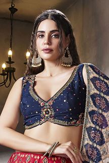 Picture of BeautifulRed and Dark Blue Designer Indo-Western Lehenga Choli for Engagement, Wedding, and Reception