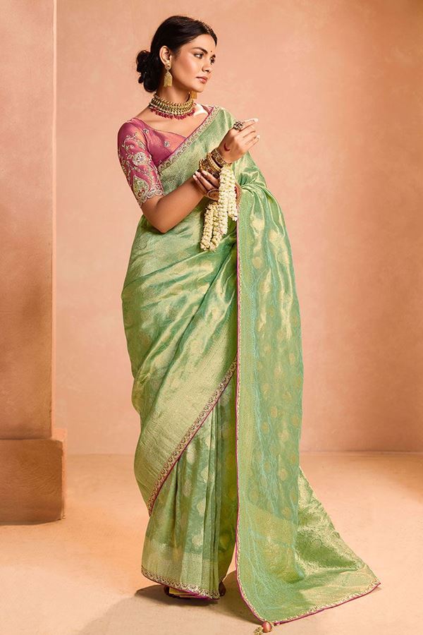 Picture of Ethnic Tissue Silk Designer Saree for Mehendi, Pre-Wedding Shoot, Festivals, and Party