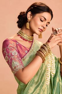 Picture of Ethnic Tissue Silk Designer Saree for Mehendi, Pre-Wedding Shoot, Festivals, and Party