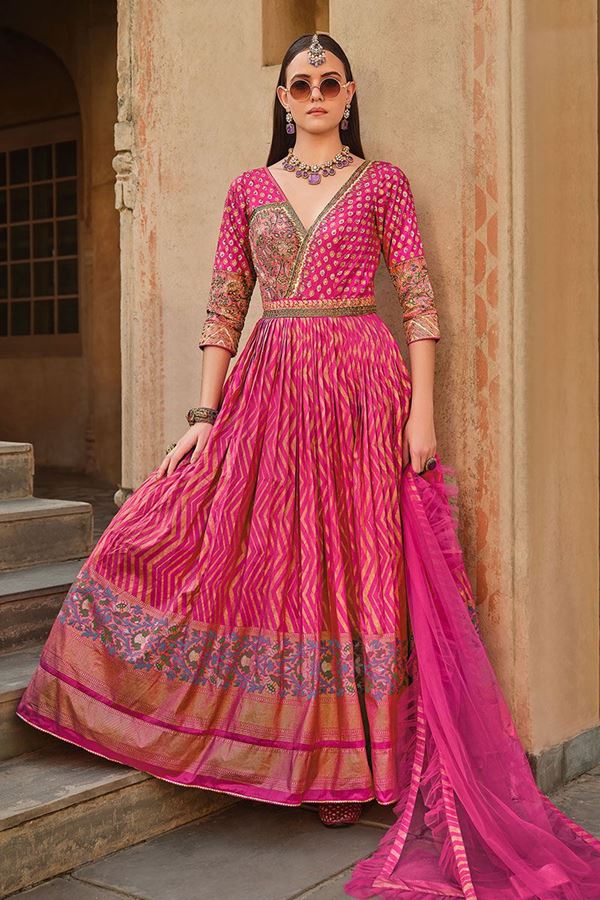 Picture of Dazzling Pink Smooth Silk Designer Anarkali Suit for Party, Sangeet, and Festivals