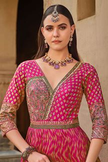 Picture of Dazzling Pink Smooth Silk Designer Anarkali Suit for Party, Sangeet, and Festivals