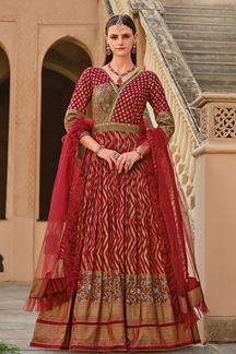 Picture of Flawless Maroon Smooth Silk Designer Anarkali Suit for Party, Sangeet, Reception, and Festivals