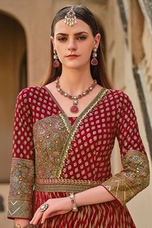 Picture of Flawless Maroon Smooth Silk Designer Anarkali Suit for Party, Sangeet, Reception, and Festivals