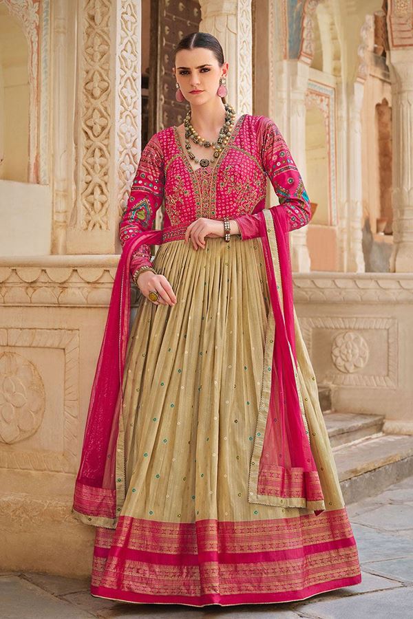 Picture of Mesmerizing Pink and Cream Smooth Silk Designer Anarkali Suit for Party, Sangeet, Reception, and Festivals