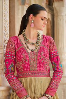 Picture of Mesmerizing Pink and Cream Smooth Silk Designer Anarkali Suit for Party, Sangeet, Reception, and Festivals