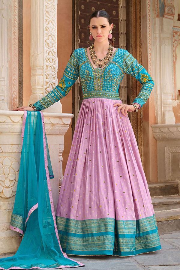 Picture of Striking Rama and Peach Smooth Silk Designer Anarkali Suit for Party, Sangeet, Engagement, and Festivals