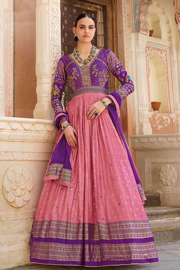 Picture of Vibrant Purple and Pink Smooth Silk Designer Anarkali Suit for Party, Sangeet, Engagement, and Festivals