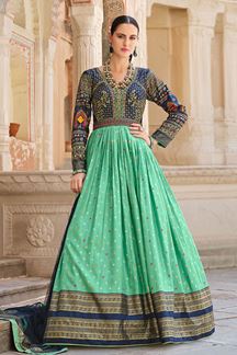 Picture of Flamboyant Blue and Green Smooth Silk Designer Anarkali Suit for Party, Sangeet, Engagement, and Festivals