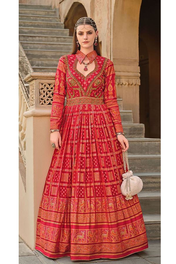 Picture of Amazing Red Smooth Silk Designer Anarkali Suit for Wedding, Sangeet, Reception, and Pre-Wedding Shoot