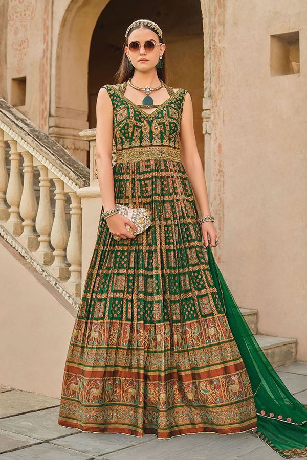 Picture of Classy Green Smooth Silk Designer Anarkali Suit for Mehendi, Sangeet, Reception, and Pre-Wedding Shoot