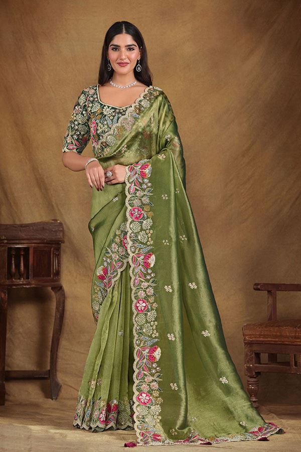 Picture of Royal Glass Tissue Designer Saree for Mehendi, Party and Sangeet