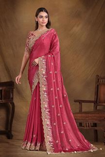 Picture of Attractive Two Tone Satin Silk Designer Saree for Wedding, Reception, Party and Sangeet