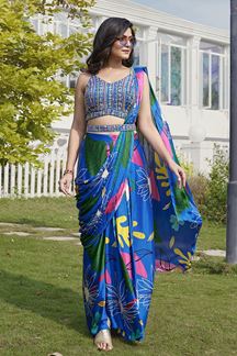 Picture of Surreal Blue Silk Designer Indo-Western Outfit for Party and Sangeet