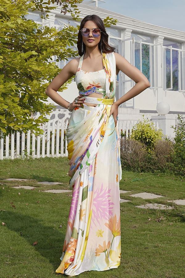 Picture of Flawless Off-White Silk Designer Indo-Western Outfit for Party and Sangeet