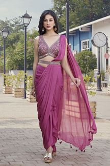 Picture of Charming Pink Silk Designer Indo-Western Outfit for Party