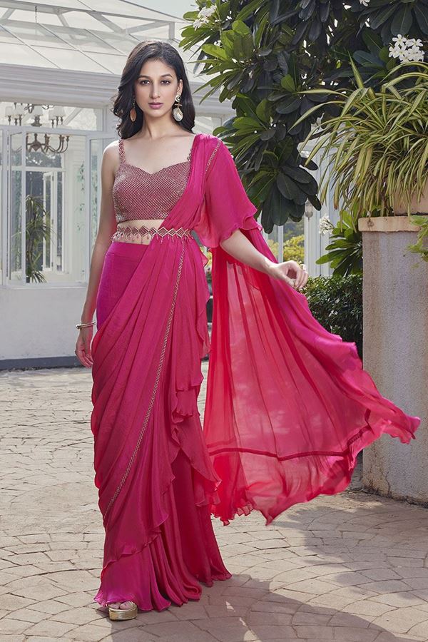 Picture of Divine Pink Silk Designer Indo-Western Outfit for Party