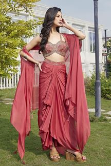 Picture of Royal Peach Silk Designer Indo-Western Outfit for Party, Pre-Wedding Shoot, and Sangeet