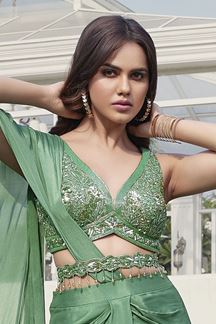 Picture of Delightful Sea Green Silk Designer Indo-Western Outfit for Party and Sangeet