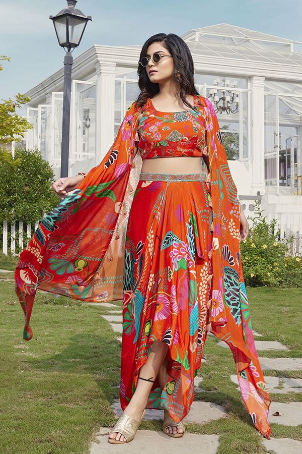 Picture of Captivating Orange Georgette Designer Indo-Western Outfit for Party and Sangeet