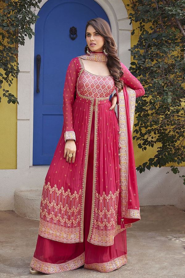 Picture of Flawless Hot Pink Georgette Designer Palazzo Suit for Wedding, Reception, and Sangeet